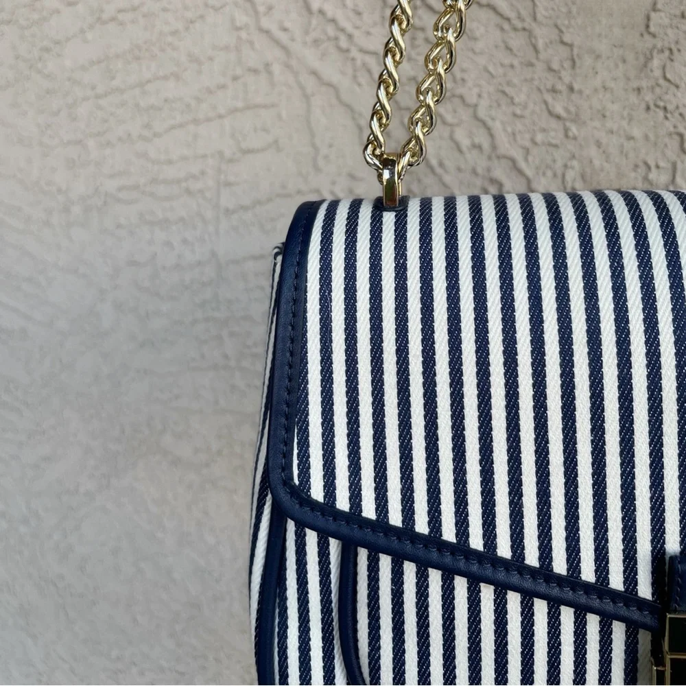 KATE SPADE Blue & White Striped Carey Medium Flap Striped Crossbody Shoulder Bag